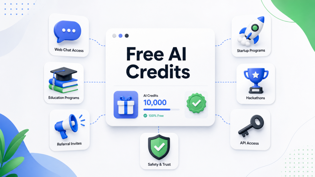 Illustration of legitimate free AI credit methods, including chat access, API credits, education offers, startup programs, hackathons, and safety checks.
